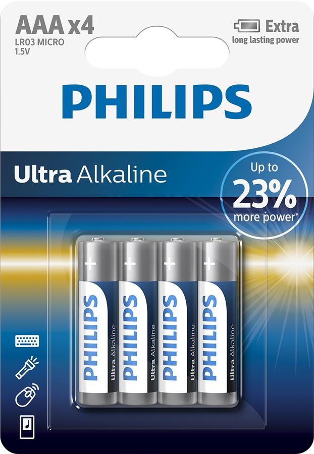 Батарейка тип AAA Philips Ultra Alkaline AAA BLI 4 (LR03E4B/10) - Фото 1