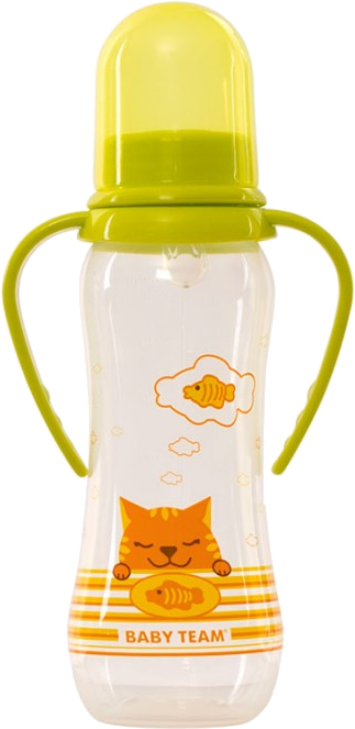Бутылочка для кормления Baby Team с силиконовой соской и ручками, 250 мл. (1411_салатовый) - Фото 1