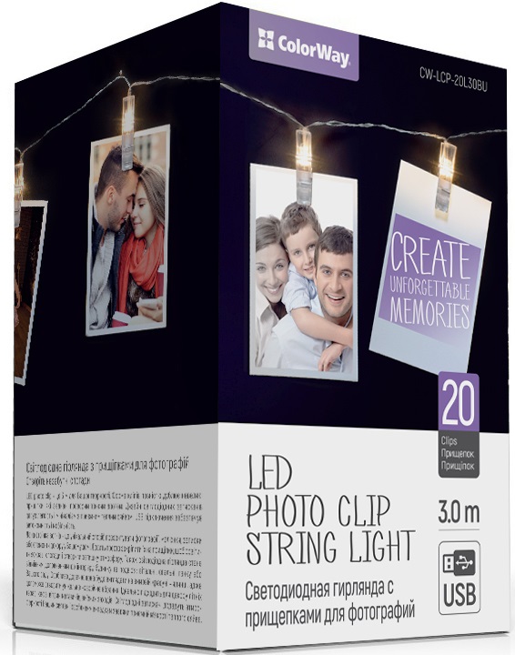 Гирлянда линейная Colorway 20LED, 3м, с прищепками для фото, USB (CW-LCP-20L30BU) - Фото 1