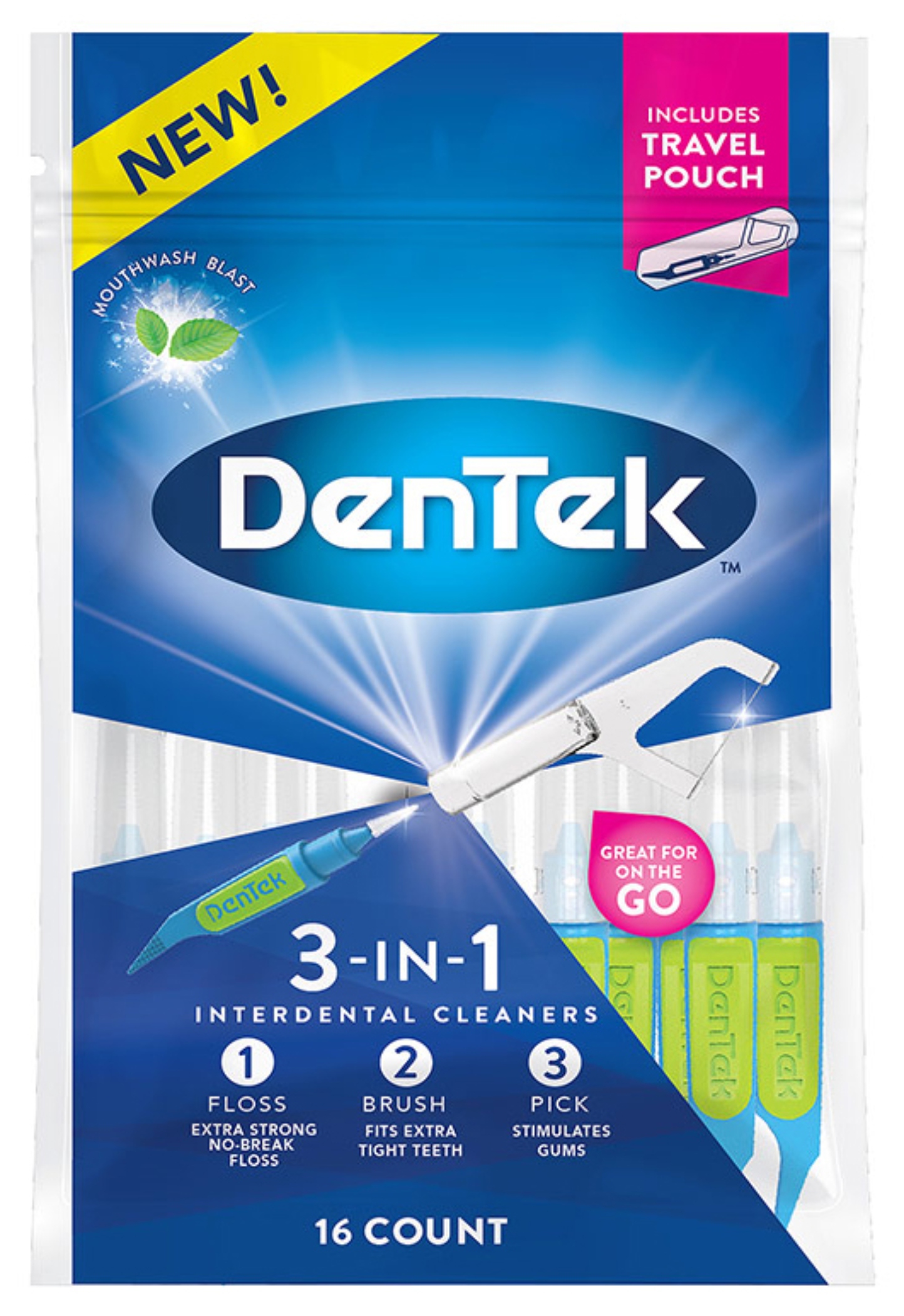 Межзубные щетки DenTek 3 в 1, 16 шт. с продвинутым фтором. покрытием (2.0060) - Фото 1