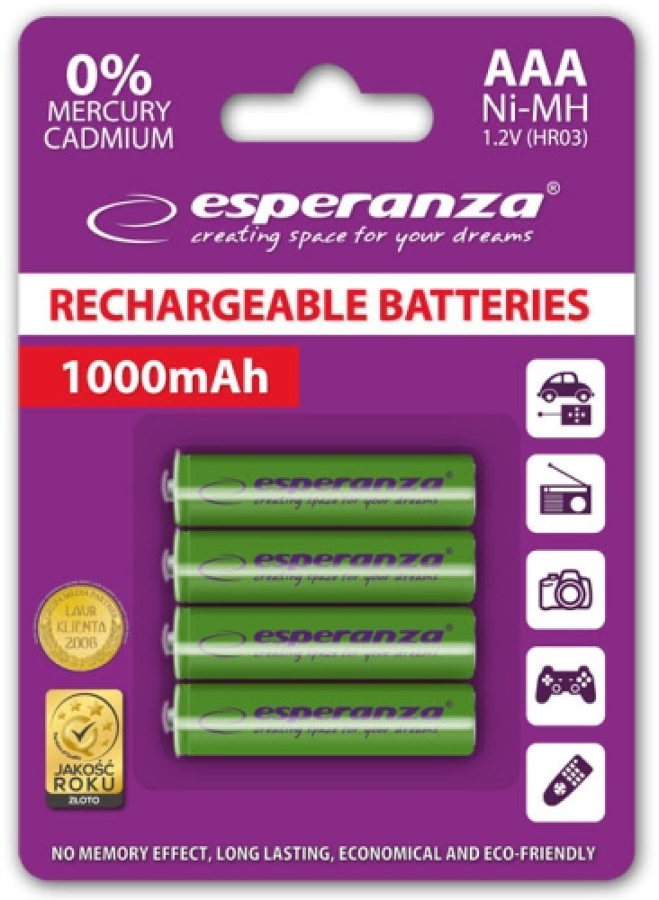 Аккумулятор тип AAA Esperanza Ni-MH AAA 1000 mAh 4 шт. Green (EZA102G) - Фото 1