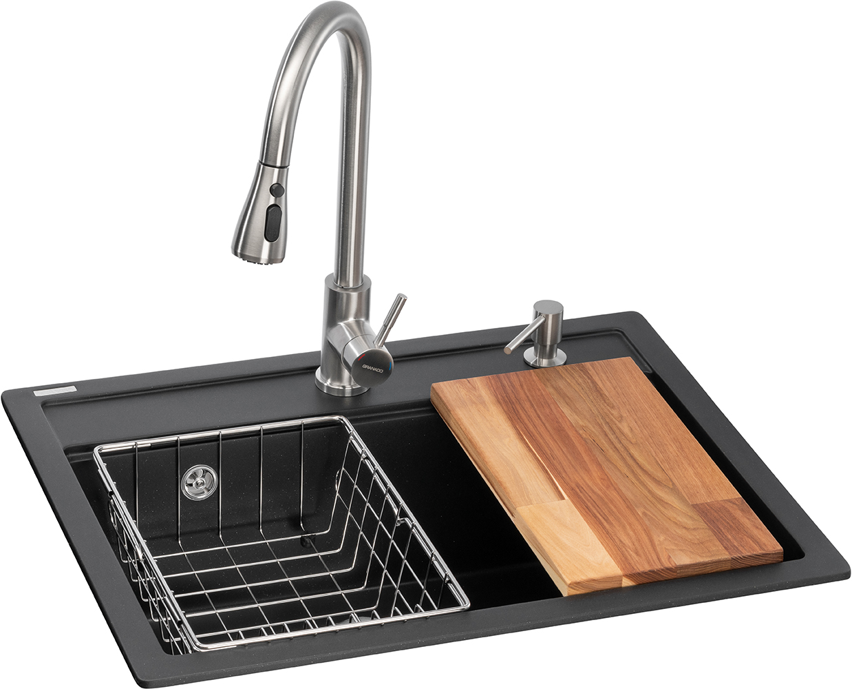 Мойка кухонная+смеситель+дозатор GRANADO Basic Artes black shine (+Campo LUX inox+ Redondo inox+корзина+доска) - Фото 1