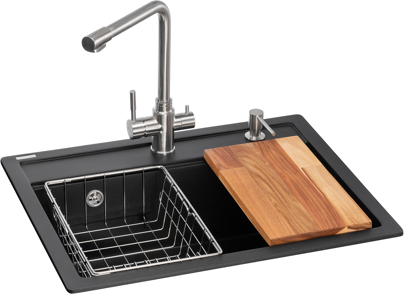 Мойка кухонная+смеситель+дозатор GRANADO Optimal Artes black shine (+Badalona LUX inox+ Redondo inox+корзина+доска) - Фото 1