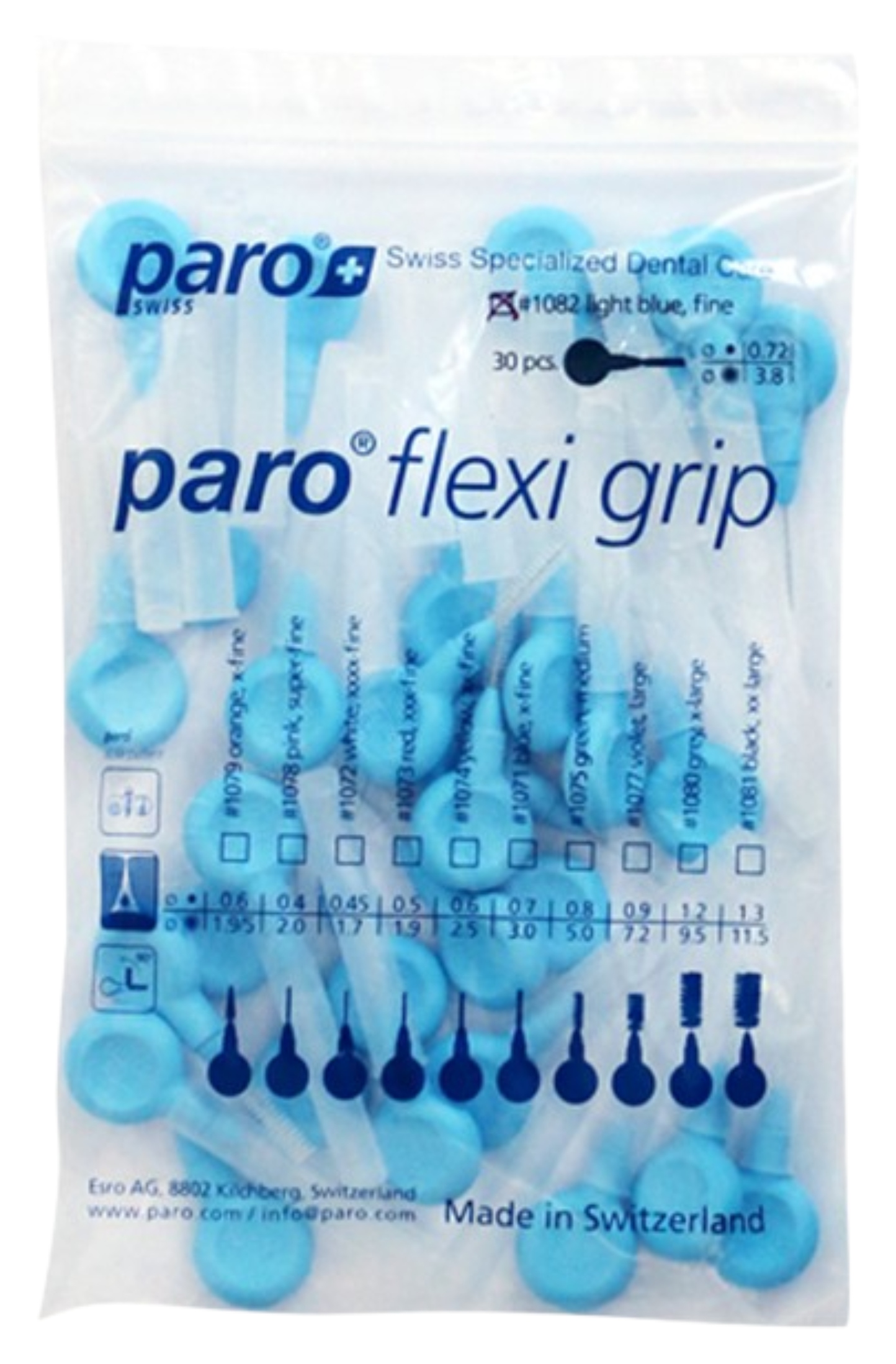 Ершик межзубный Paro Swiss paro flexi grip, голубой, цилиндр., 3.8 мм, 30 шт, с колпачком (7.81082) - Фото 1