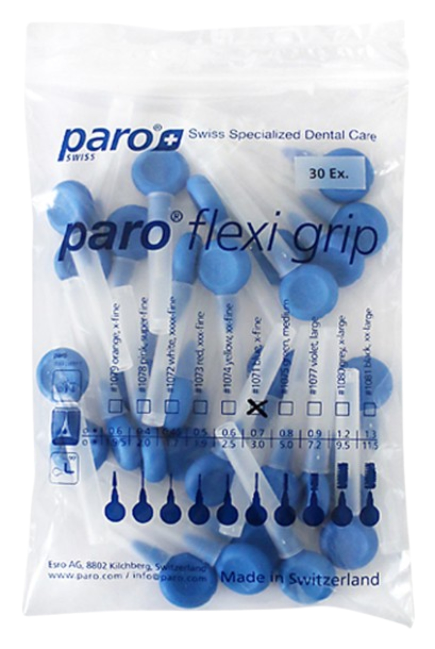 Ершик межзубный Paro Swiss paro flexi grip, x-тонкий, синий, цилиндр., 3 мм, 30 шт, с колпачком (7.81071) - Фото 1