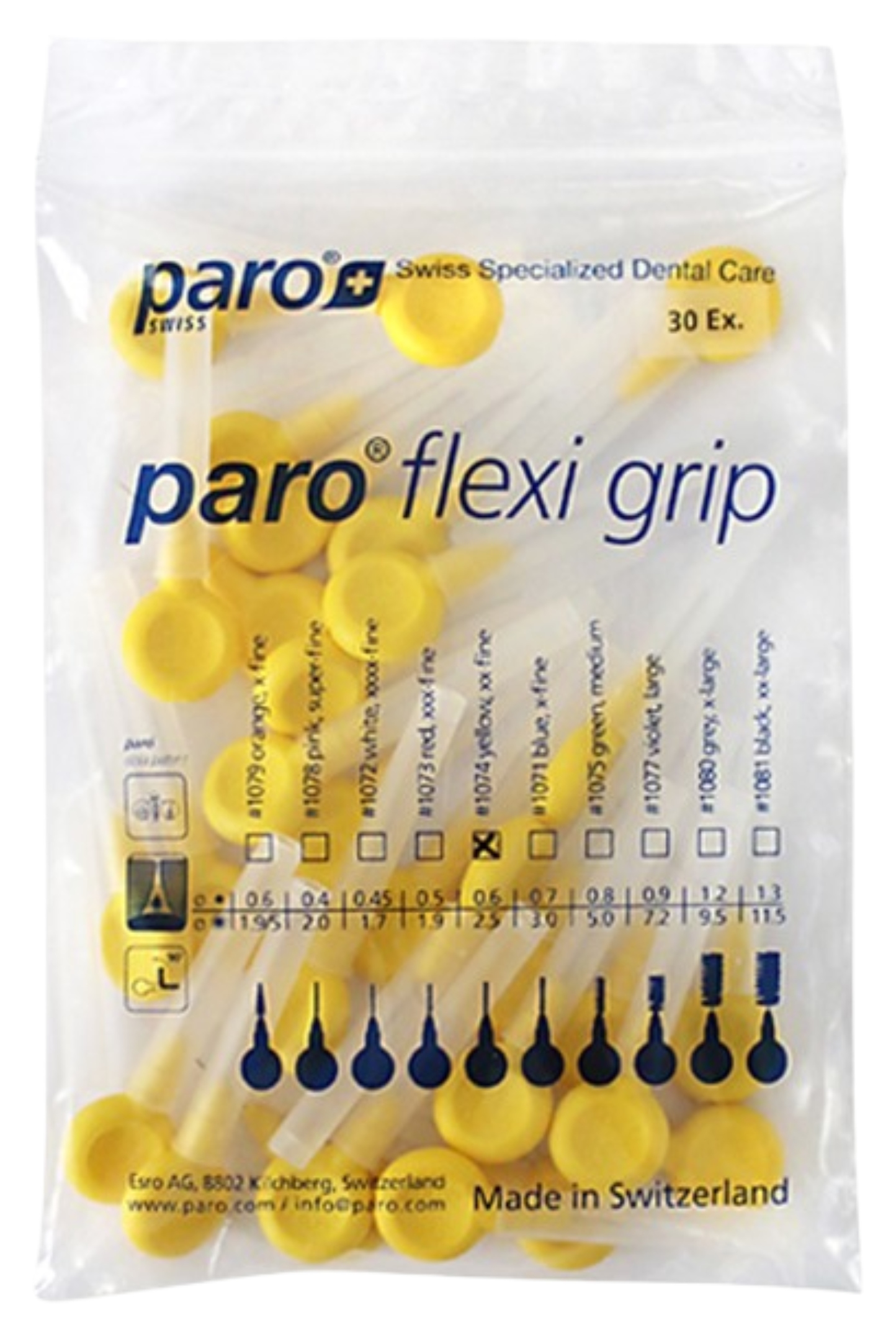 Ершик межзубный Paro Swiss paro flexi grip, xx-тонкий, желтый, 2.5 мм, 30 шт, с колпачком (7.81074) - Фото 1