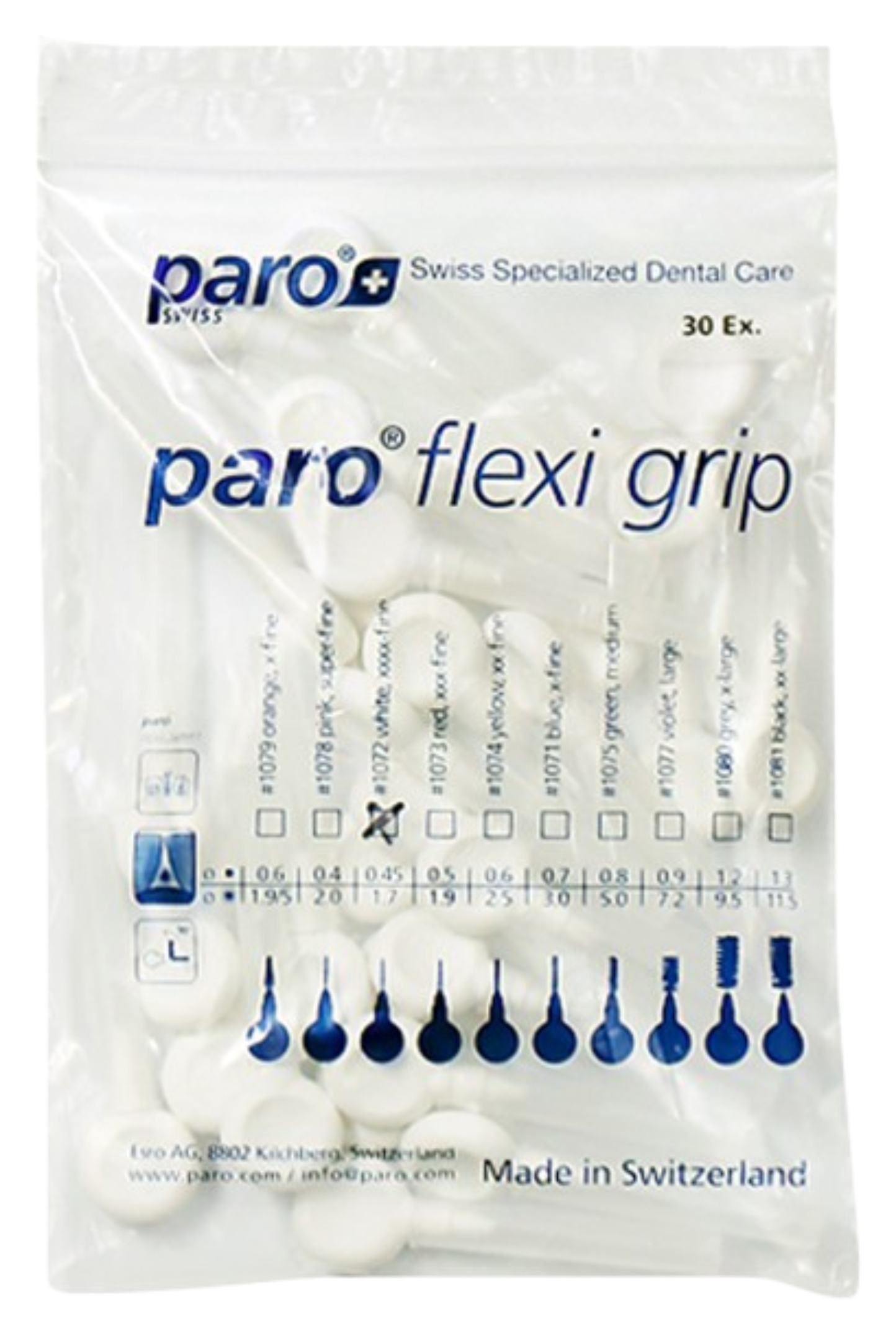 Ершик межзубный Paro Swiss paro flexi grip, xxxx-тонкий, белый, 1.7 мм, 30 шт, с колпачком (7.81072) - Фото 1