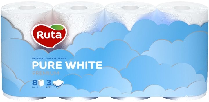 Туалетная бумага Рута Pure White белая 8шт, 3сл - Фото 1