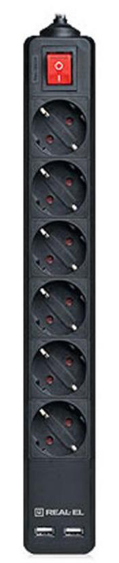 Сетевой фильтр REAL-EL RS-6 Protect USB 5m Black - Фото 1