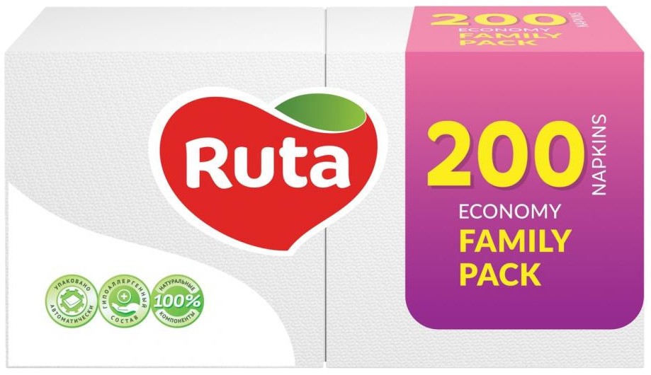 Салфетки бумажные Ruta 1 слой 24х24 см 200 шт. Белые Family Pack (4820023743724) - Фото 1