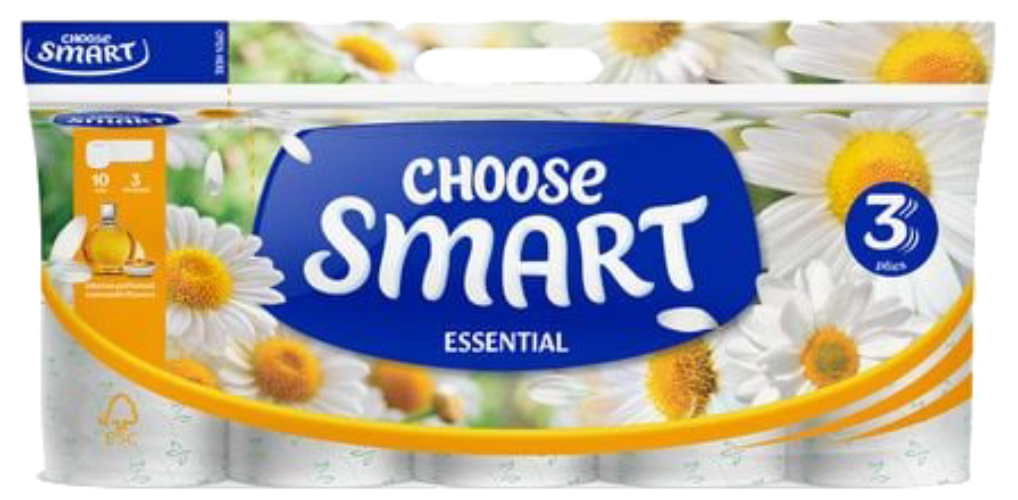 Туалетная бумага Smart ESENTIAL Ромашка 3 слоя, 10 рул. по 14,4м - Фото 1