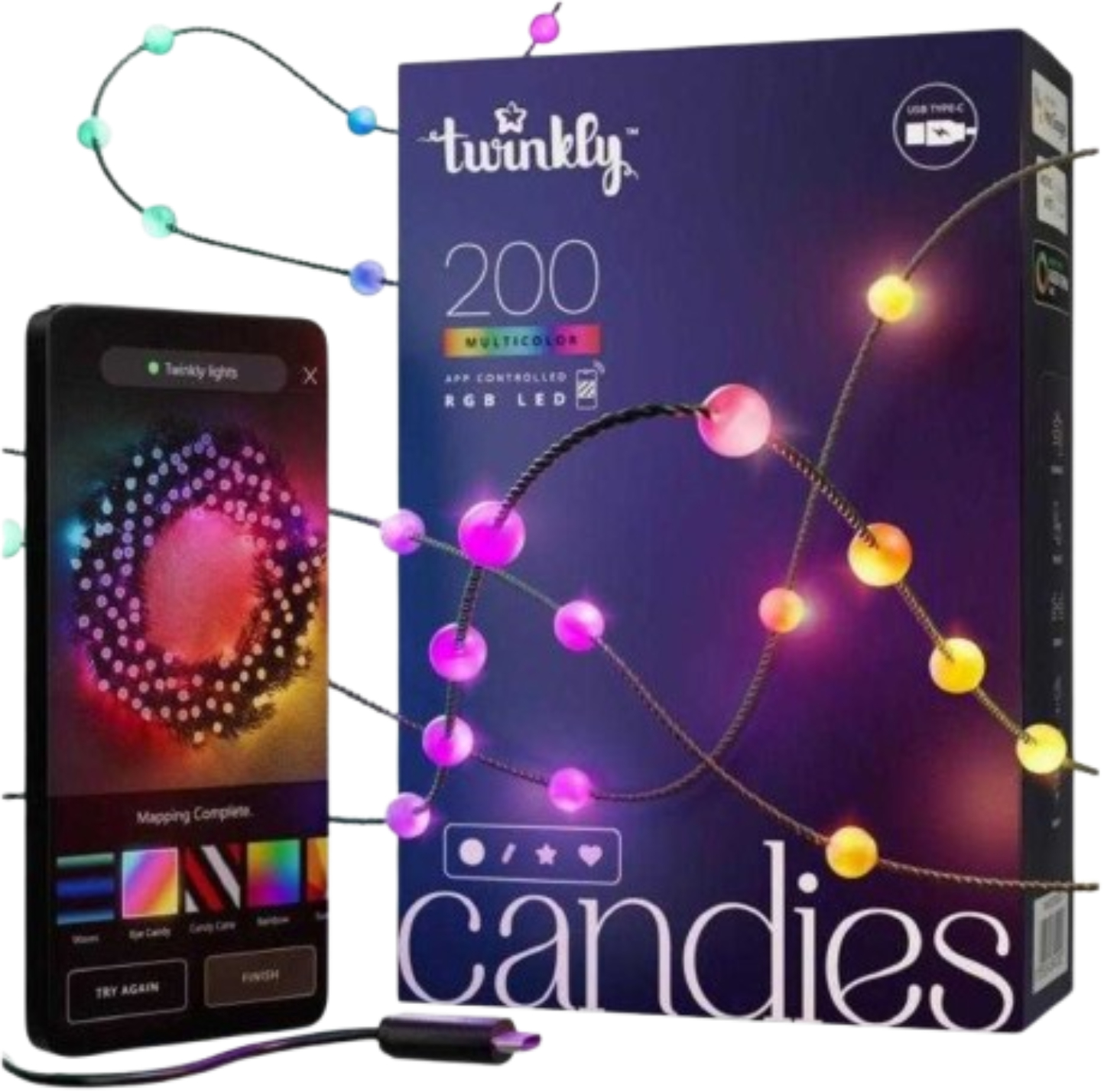 Гирлянда фигурная Twinkly Candies Pearl RGB 200 IP20 12м USB-C (TWKP200RGB-G) - Фото 1