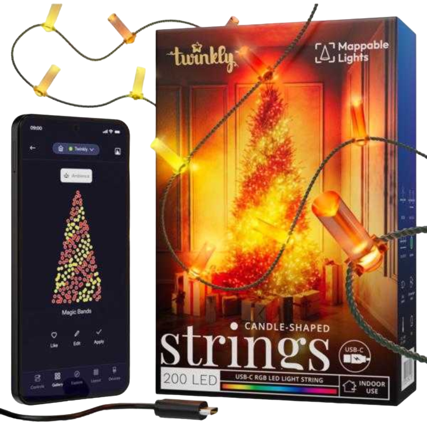Гирлянда фигурная Twinkly Strings Candle RGB 200 IP20 12м USB-C (TWKC200RGB-G) - Фото 1