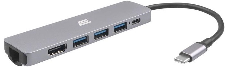 Хаб USB 2E USB-С to 2хUSB-A 2.0/USB-A 3.0/USB-C PD/HDMI/Ethernet 0.15m Grey (2EW-2684) - Фото 1