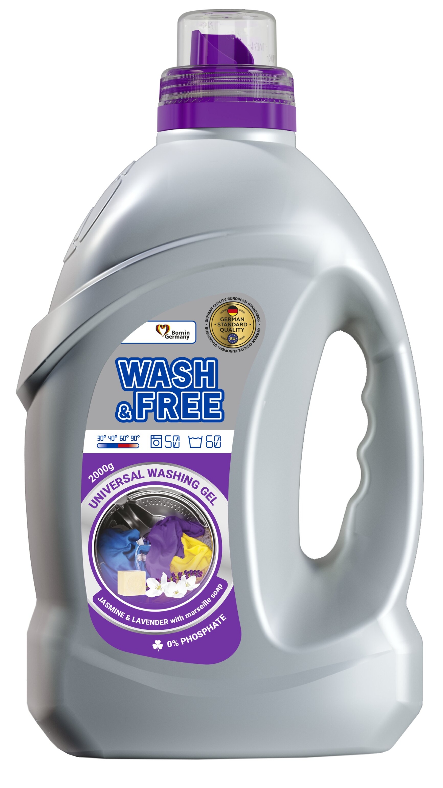Гель для стирки WASH & FREE Универсальный Жасмин и лаванда с марсельским мылом 2000г - Фото 1