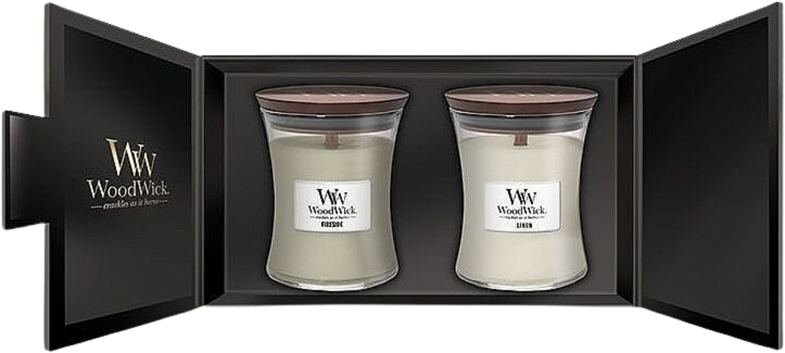 Набор свечей Woodwick Medium Fireside & Linen (Камин и Льон) 2шт (1699065E) - Фото 1