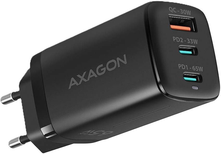 Мережевий зарядний пристрій AXAGON 3x port (USB + dual USB-C), PD3.0/QC4+/PPS/Apple, 65W Black (ACU-DPQ65) - Фото 1
