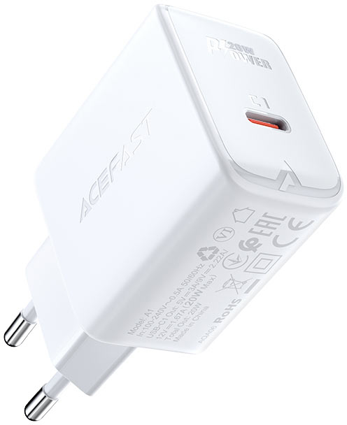 Сетевое зарядное устройство AceFast A1 PD20W single USB-C charger White (6974316280040) - Фото 1