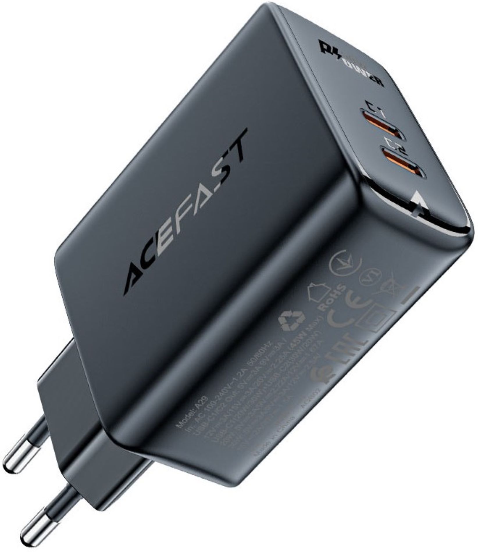 Сетевое зарядное устройство AceFast 2xUSB 50W (USB-C+USB-C) Gan A29 Fast Charger Black (6974316281443) - Фото 1