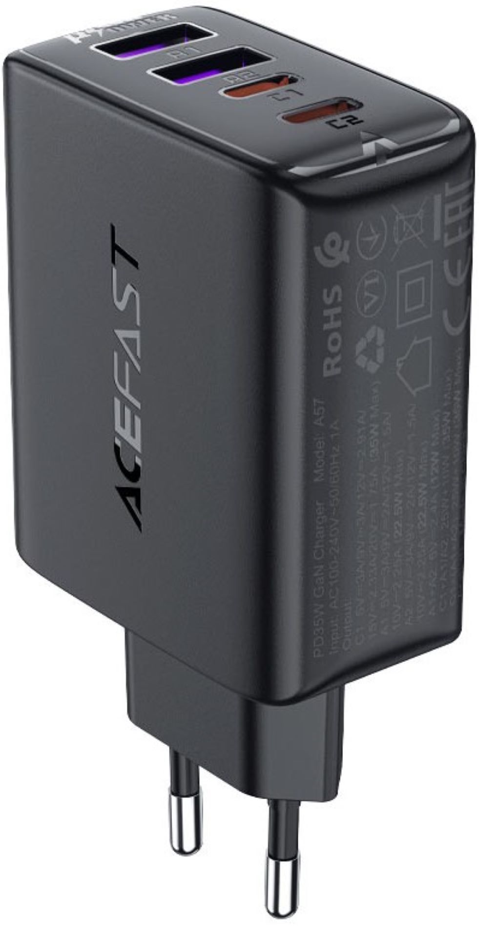 Сетевое зарядное устройство AceFast 4xUSB 45W (2xUSB-C+2xUSB-A) Gan A61 Fast Charger Black (6974316282754) - Фото 1
