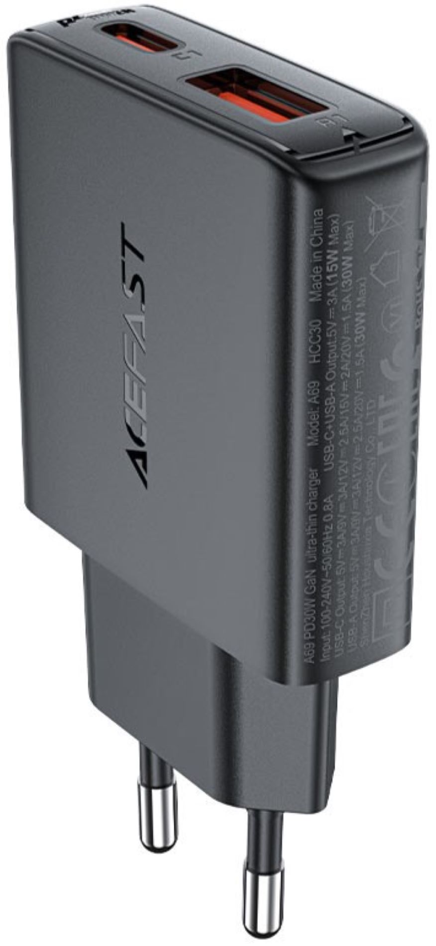 Сетевое зарядное устройство AceFast 2xUSB 30W (USB-C+USB-A) Gan A69 ultra-thin Fast Charger Black (6974316282709) - Фото 1