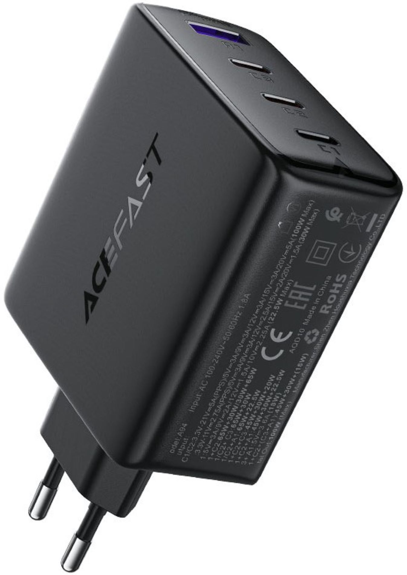 Сетевое зарядное устройство AceFast 4xUSB 100W (3xUSB-C+USB-A) Gan A94 Fast Charger Black (6974316283133) - Фото 1