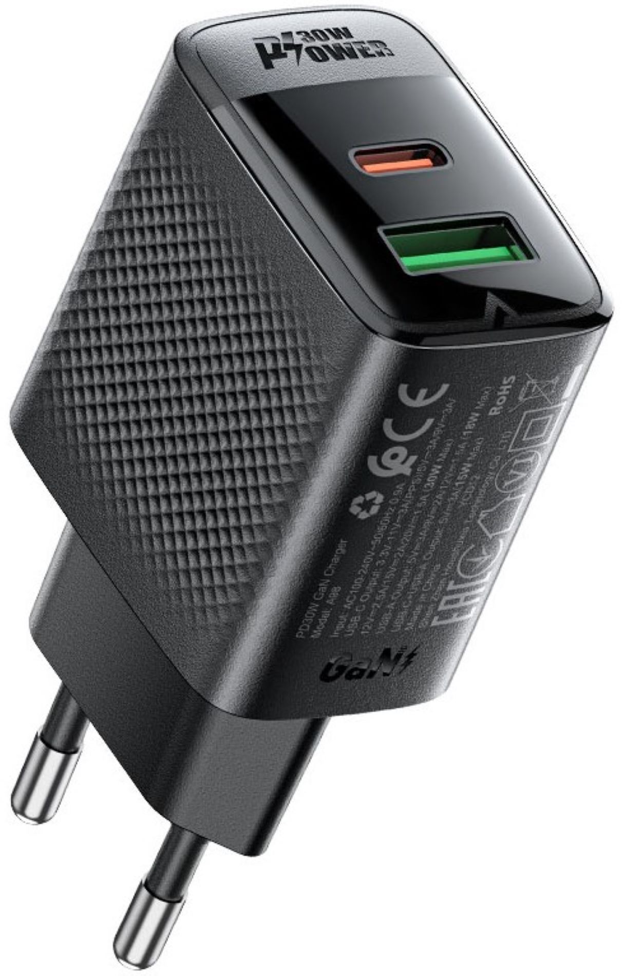 Сетевое зарядное устройство AceFast 2xUSB 30W (USB-C+USB-A) Gan A98 Black (6974316283263) - Фото 1