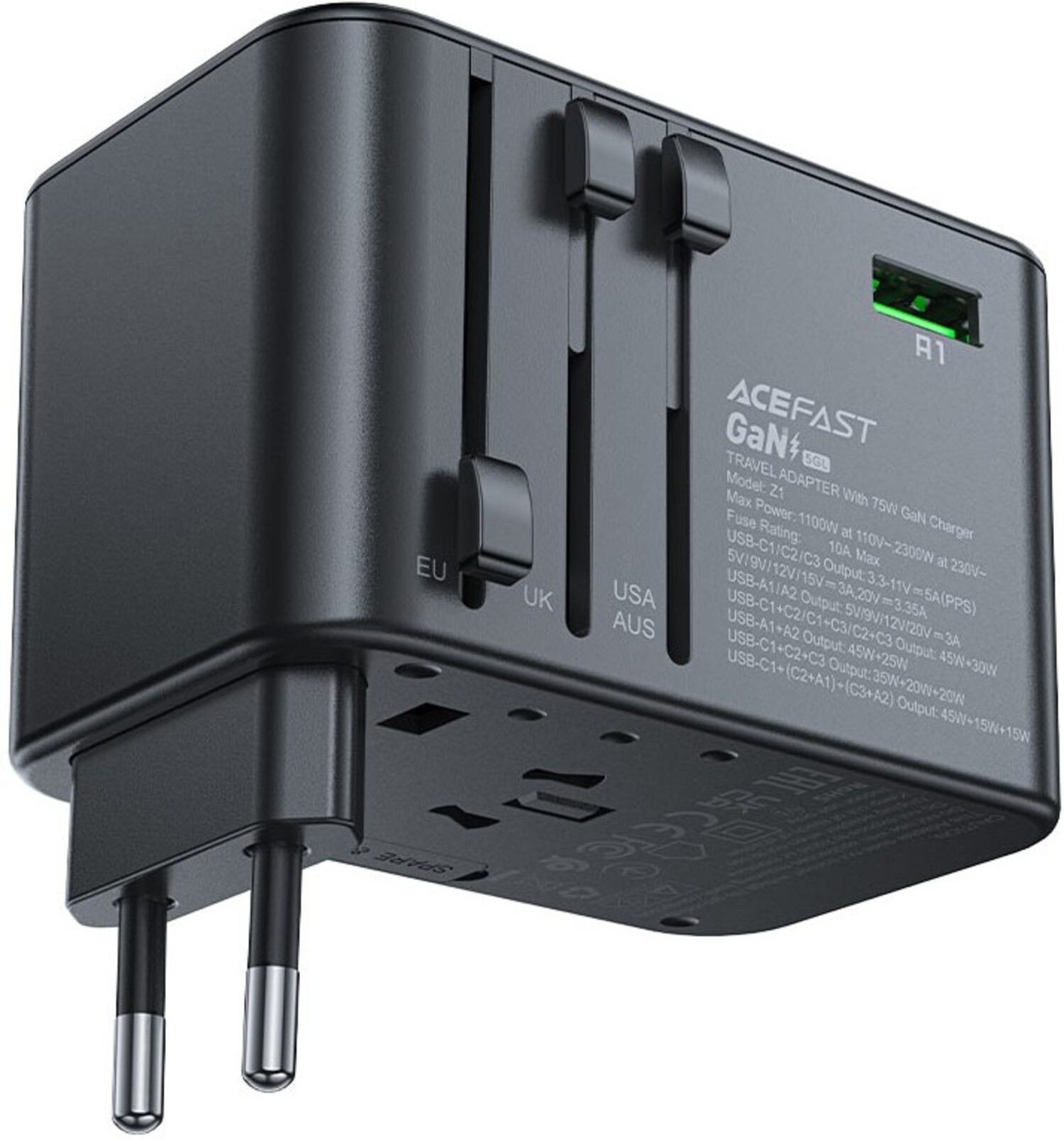 Сетевое зарядное устройство AceFast 5xUSB 75W (3xUSB-C + 2xUSB-A) Gan Z1 Fast Charger (6974316282495) - Фото 1