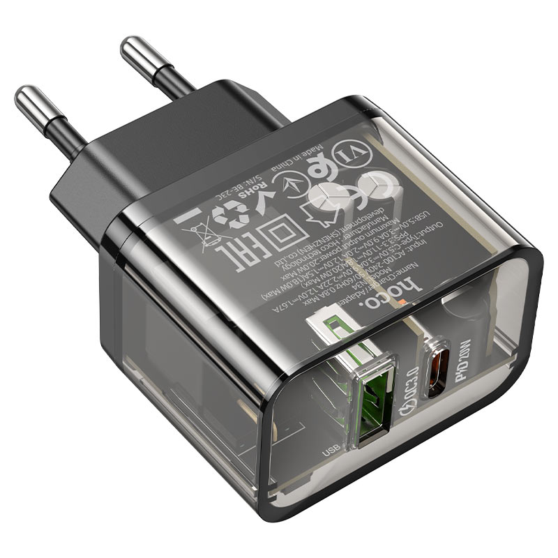 Сетевое зарядное устройство HOCO N34 Dazzling dual-port PD20W+QC3.0 charger Transparent Black (6931474799166) - Фото 1