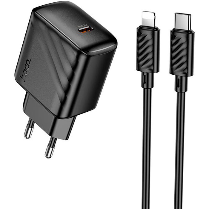 Сетевое зарядное устройство HOCO CS24A Puerto single-port PD25W charger set (C to iP)(EU) Black (6942007639767) - Фото 1