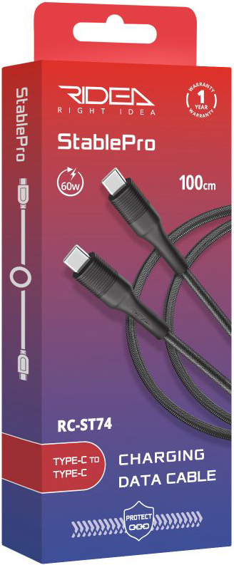 Кабель синхронизации данных Ridea StablePro Type-C to Type-C 60W Black (RC-ST74) - Фото 1