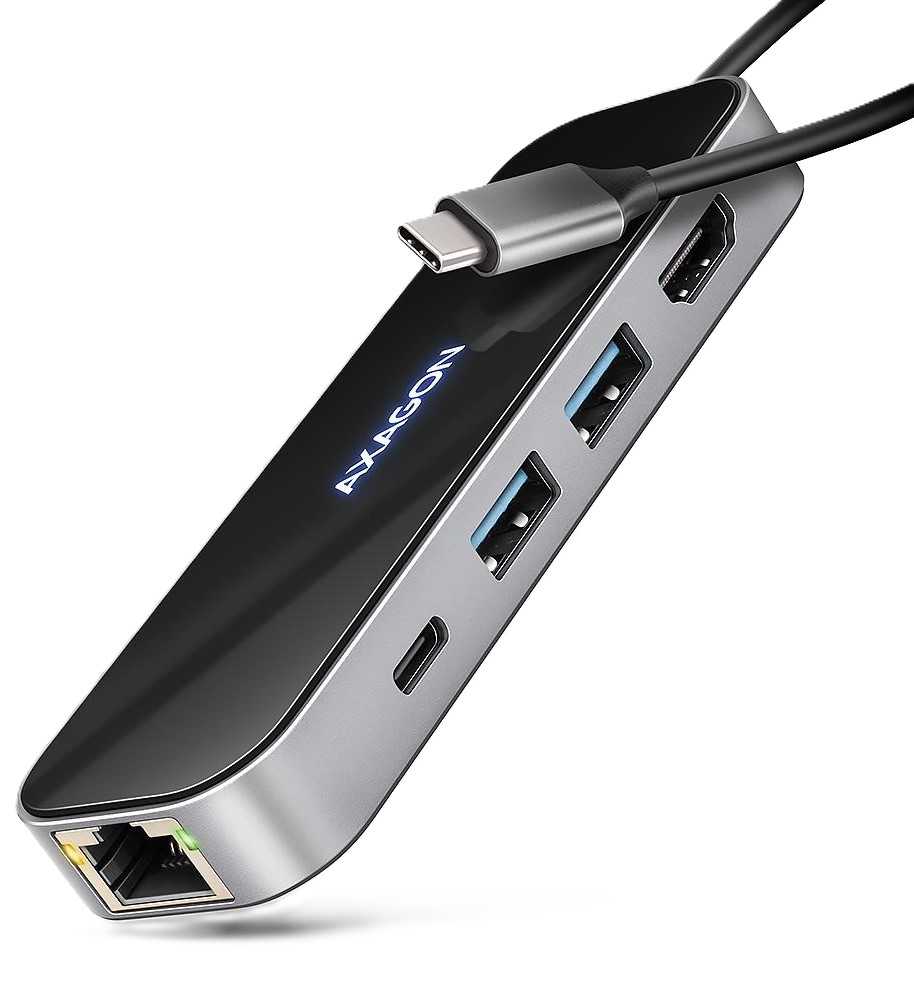 Хаб USB AXAGON HMC-6GLN USB-C 5Gbps GLASS 6in1 hub, Black/Grey (HMC-6GLN) - Фото 1