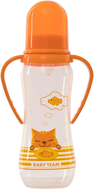 Бутылочка для кормления Baby Team с силиконовой соской и ручками, 250 мл. (1411_оранжевый) - Фото 1
