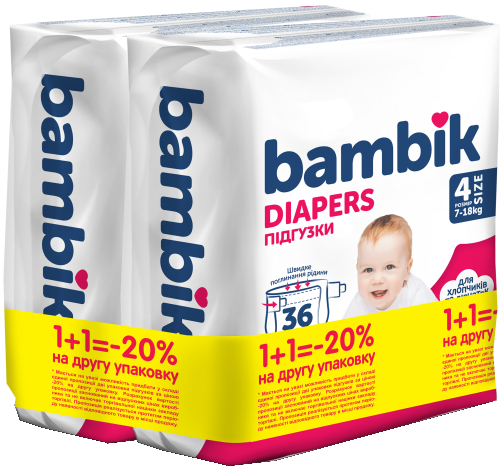 Одноразовые подгузники Bambik Medium Размер 4 (7-18кг), 72 шт. (2*36шт) (43406524) - Фото 1