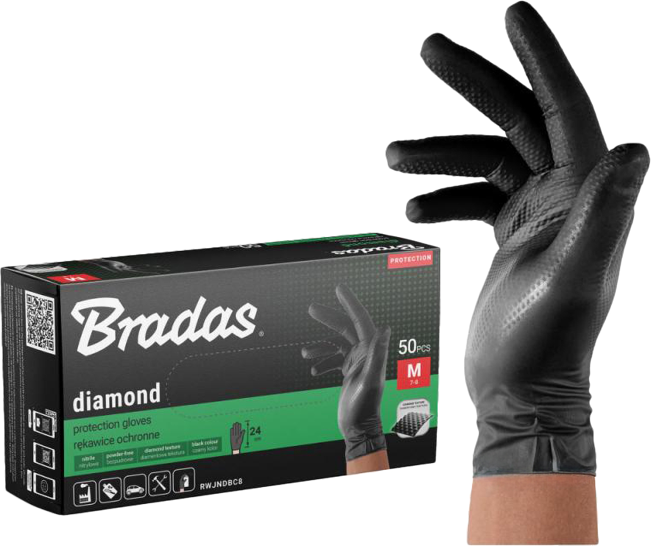 Перчатки нитриловые BRADAS Diamond размер M 7-8 черный (RWJNDBC8) - Фото 1