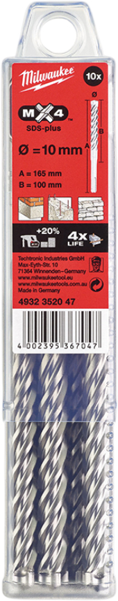 Бур Milwaukee SDS-PLUS MX4 10,0х165х100 мм 10 шт. (4932352047) - Фото 1