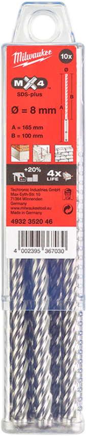 Бур Milwaukee SDS-PLUS MX4 8,0х165х100 мм 10 шт. (4932352046) - Фото 1