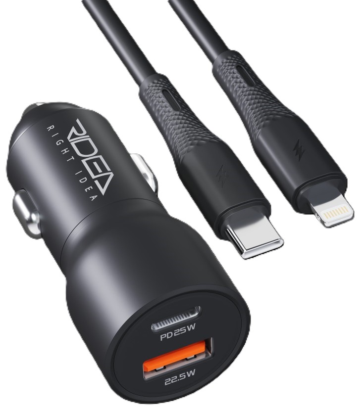 Автомобильное зарядное устройство Ridea QPow 1USB/1USB-C PD/QC 30W+Type-C to Lightning Black (RCC-30115) - Фото 1