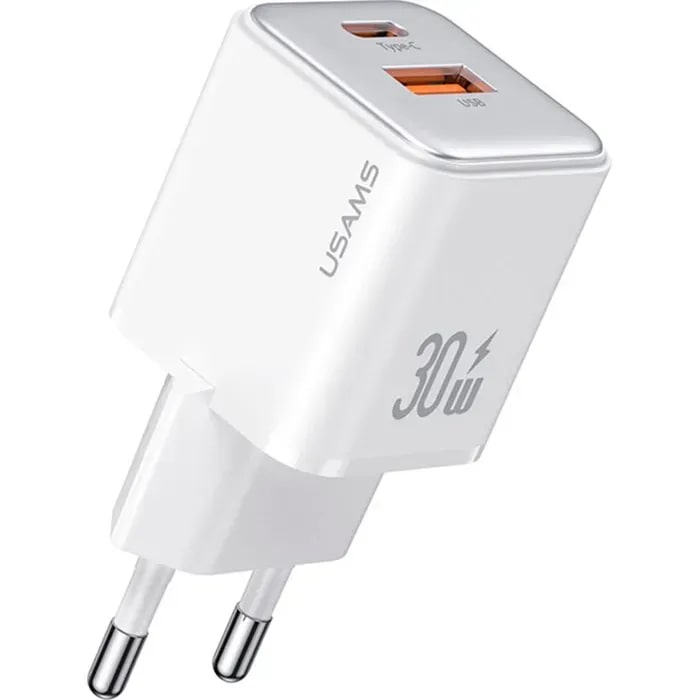Мережевий зарядний пристрій Usams US-CC189 PD30W+QC3.0 A+C White (CC189TC02) - Фото 1