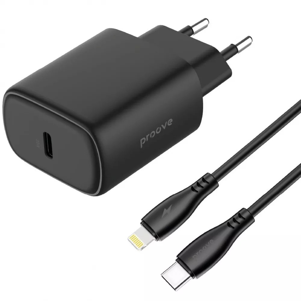 Сетевое зарядное устройство Proove Silicone Power 2 20W (Type-C) + Cable Type-C to Lightning (1m) black (WCSP22010001) - Фото 1