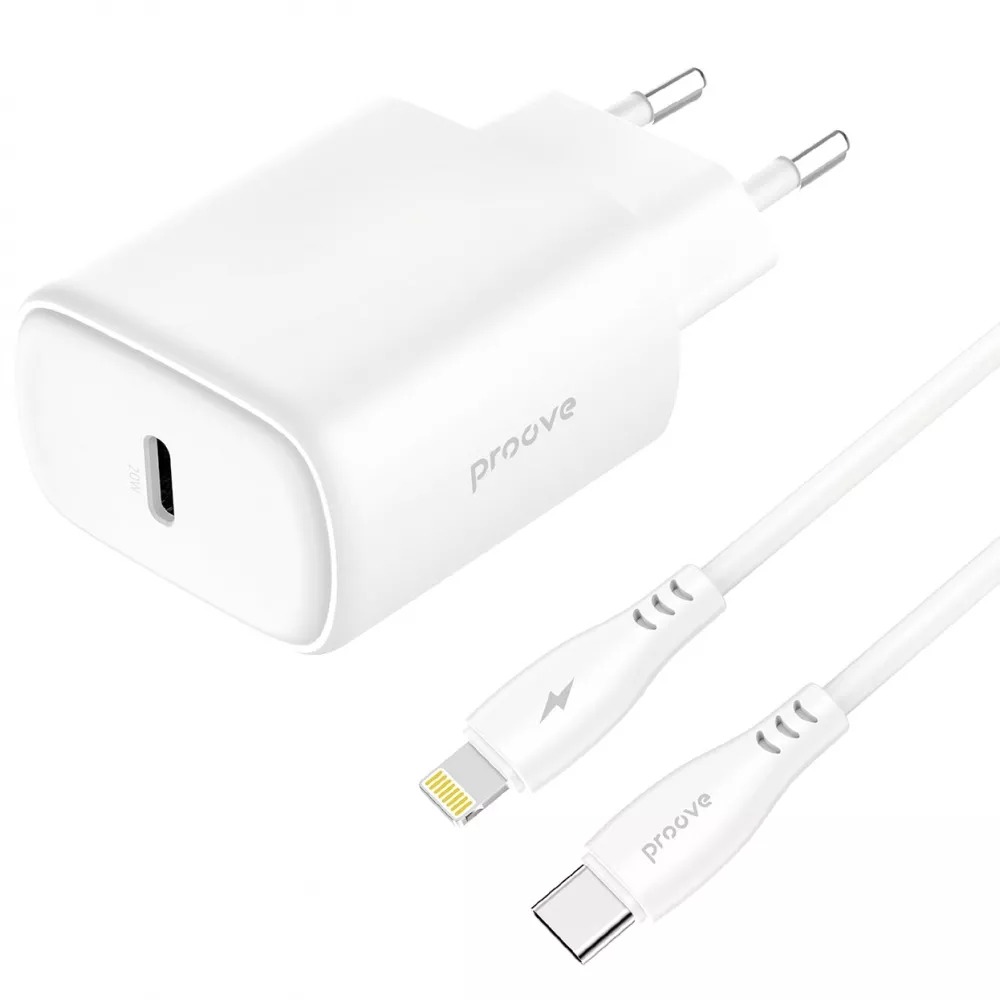 Сетевое зарядное устройство Proove Silicone Power 2 20W (Type-C) + Cable Type-C to Lightning (1m) white (WCSP22010002) - Фото 1