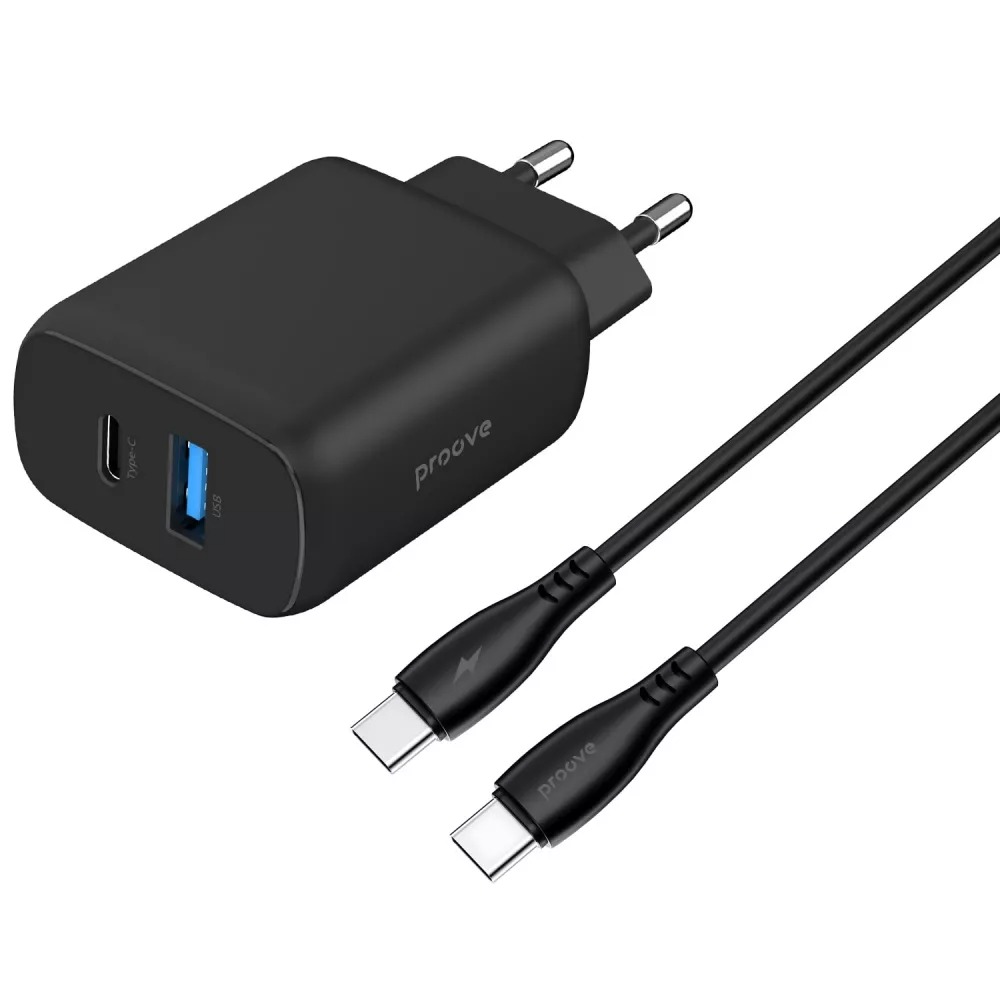 Сетевое зарядное устройство Proove Silicone Power 2 30W (Type-C + USB) + Cable Type-C to Type-C (1m) black (WCSP23011001) - Фото 1