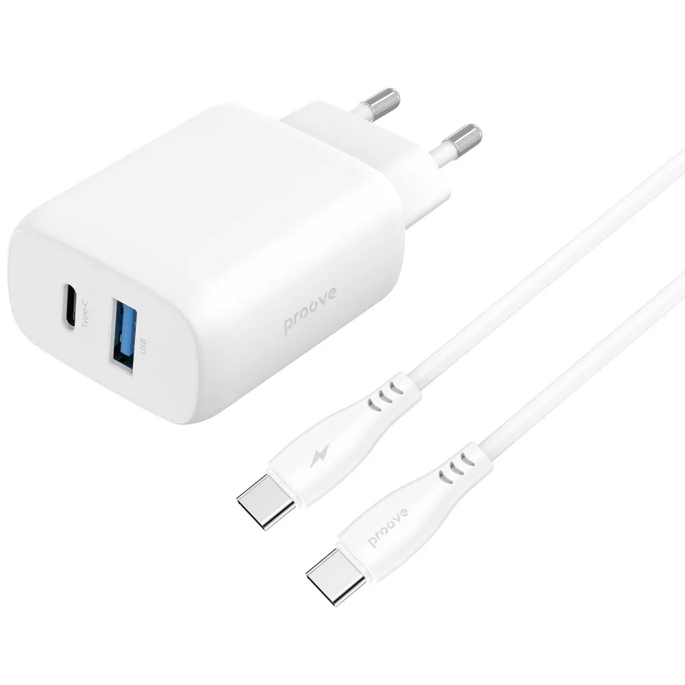 Сетевое зарядное устройство Proove Silicone Power 2 30W (Type-C + USB) + Cable Type-C to Type-C (1m) white (WCSP23011002) - Фото 1