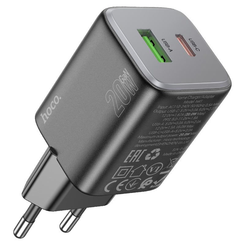 Сетевое зарядное устройство HOCO N41 PD20W+QC3.0 charger Black (6942007617024) - Фото 1