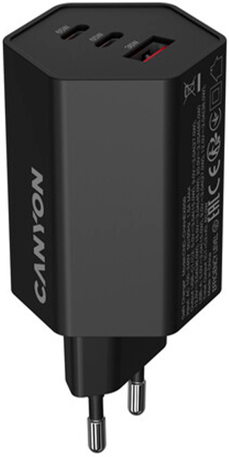 Сетевое зарядное устройство Canyon Hexagon 65 GaN 65W 2xPD 1xQC EU Black (CND-CHAHEX65B) - Фото 1