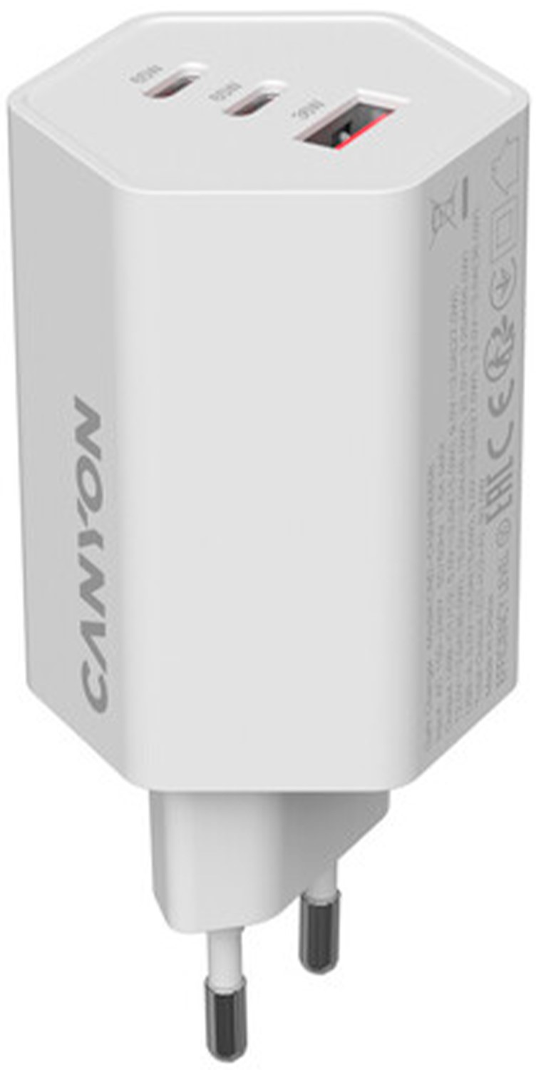 Сетевое зарядное устройство Canyon Hexagon 65 GaN 65W 2xPD 1xQC EU White (CND-CHAHEX65W) - Фото 1