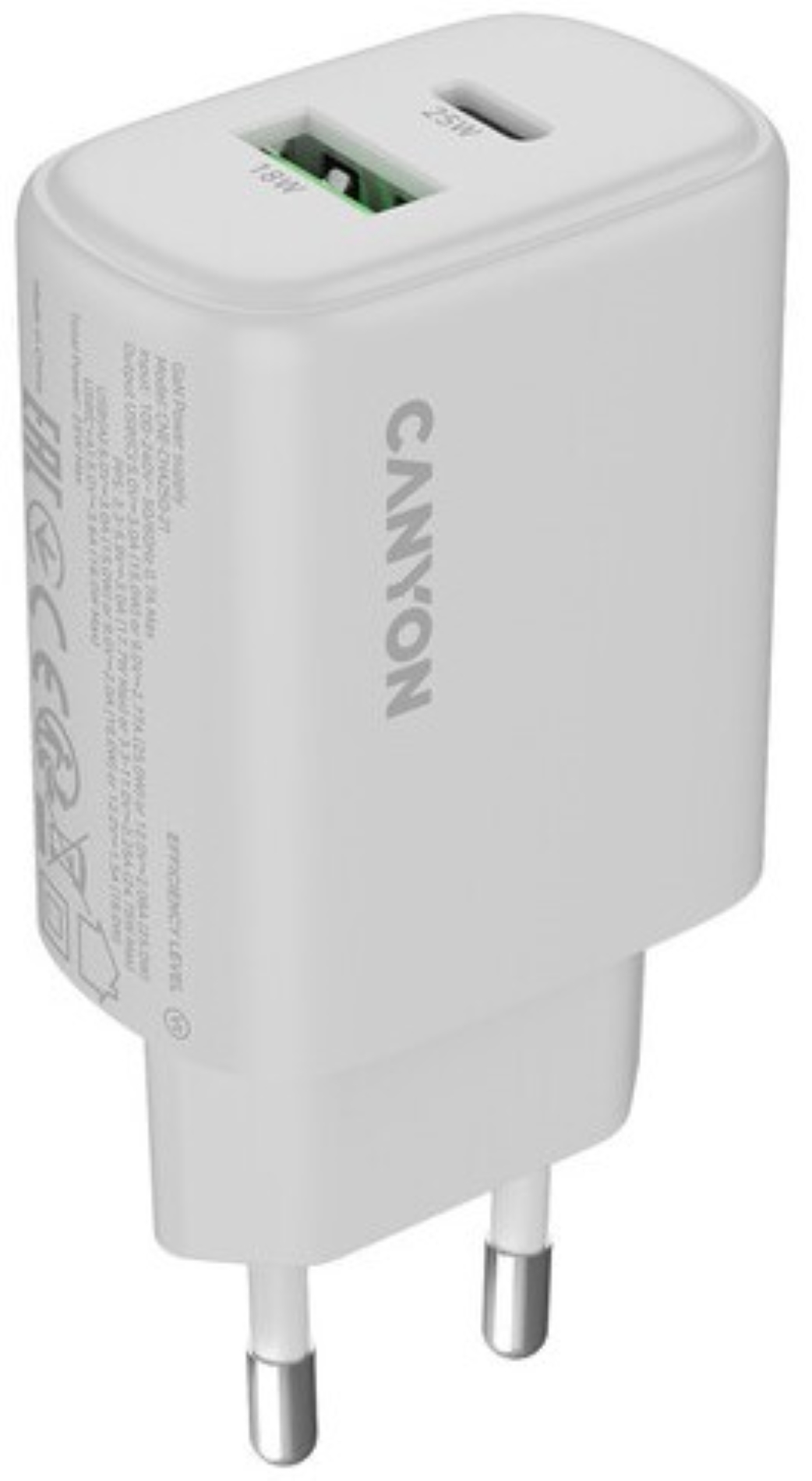 Сетевое зарядное устройство Canyon OnCharge 250 25W 1xPD 1xQC EU White (CNE-CHA250-21) - Фото 1