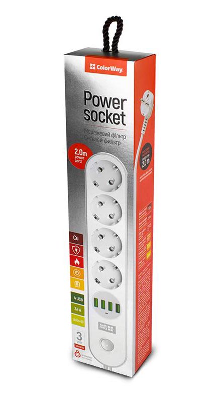 Сетевой фильтр Colorway 4 розетки/4 USB white (CW-CHE44W) - Фото 1