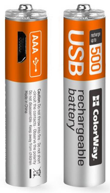 Аккумулятор тип AAA Colorway microUSB AAA/HR03 BL 2 шт. (CW-UBAAA-01) - Фото 1