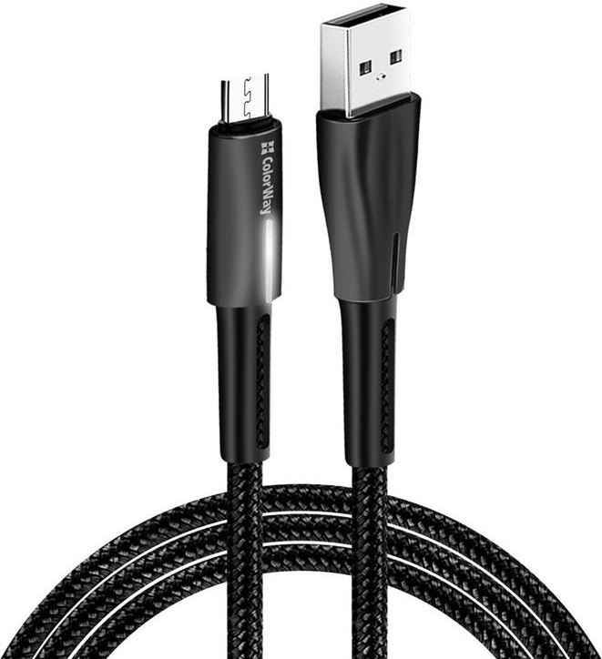Кабель синхронизации данных Colorway USB - MicroUSB Zinc Alloy + Led 2.4А 1 м Black (CW-CBUM035-BK) - Фото 1